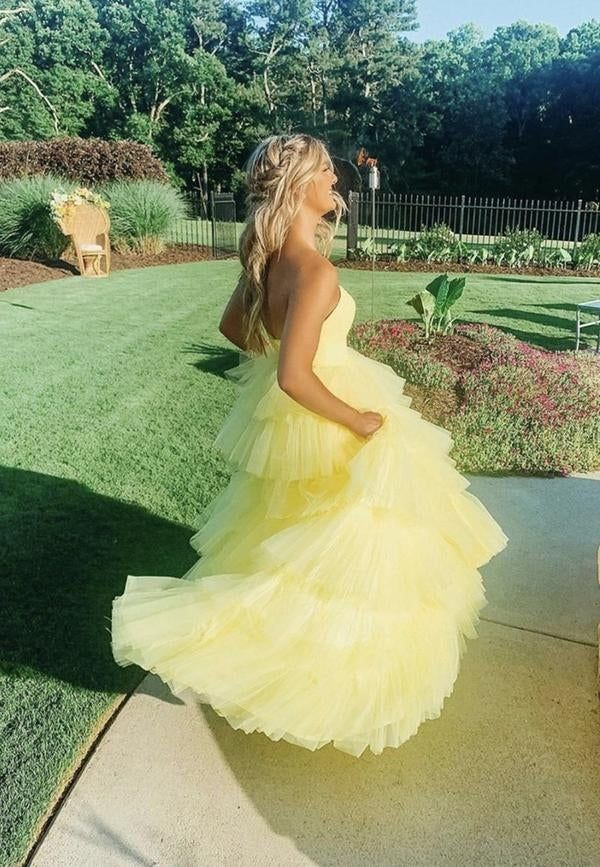 Yellow A-line Tulle Wedding Dresses, Newest 2025 Long Prom Dresses,Strapless Evening Party Dresses