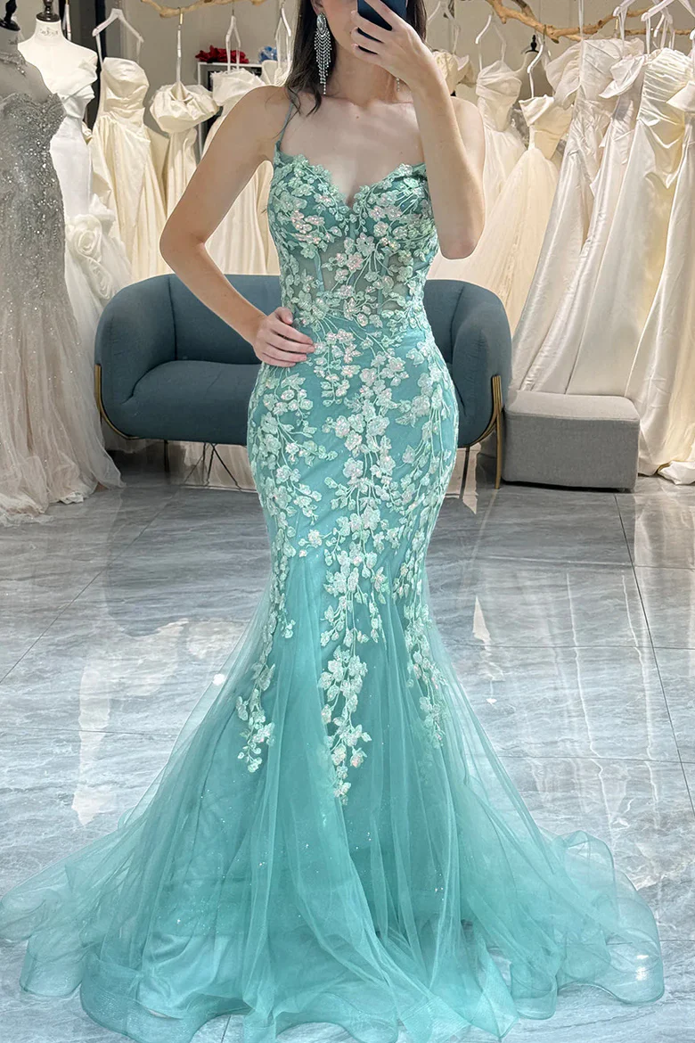 Mermaid Straps 2025 Newest Long Prom Dresses, V-neck Appliques Lace Popular Girl Party Dresses