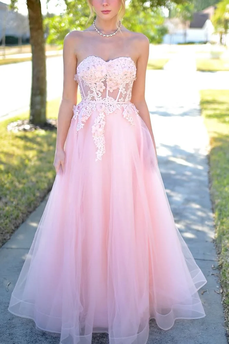 Pink Strapless Sweetheart 2025 Girl Party Dresses, Lace A-line Newest Long Prom Dresses