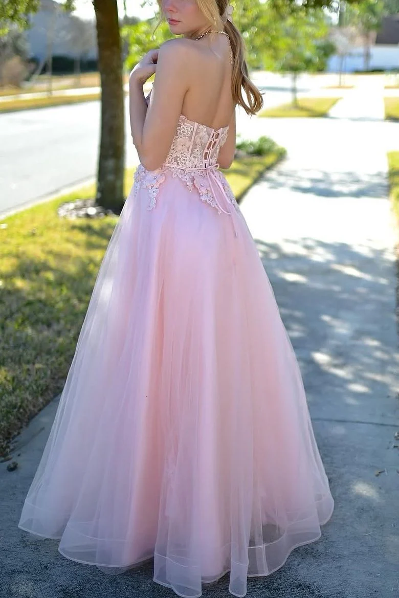 Pink Strapless Sweetheart 2025 Girl Party Dresses, Lace A-line Newest Long Prom Dresses