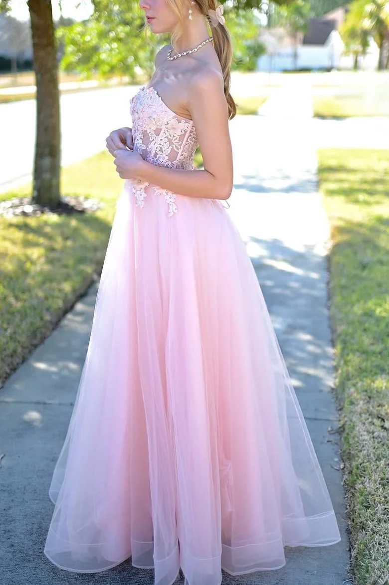 Pink Strapless Sweetheart 2025 Girl Party Dresses, Lace A-line Newest Long Prom Dresses