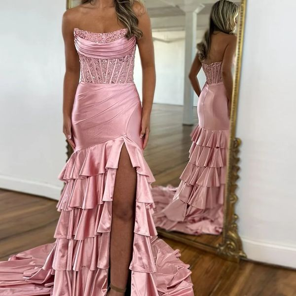 Strapless Sequins Newest Long Prom Dresses, Side Slit Girl Graduation Party Dresses, Wedding Guest Dresses