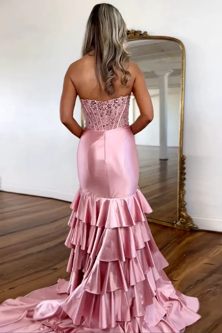 Strapless Sequins Newest Long Prom Dresses, Side Slit Girl Graduation Party Dresses, Wedding Guest Dresses