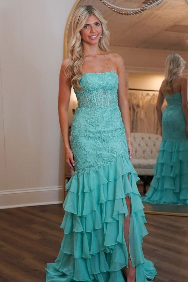 Mint Green Mermaid Strapless Newest Long Prom Dresses, Lace Top Tiered Party Dresses