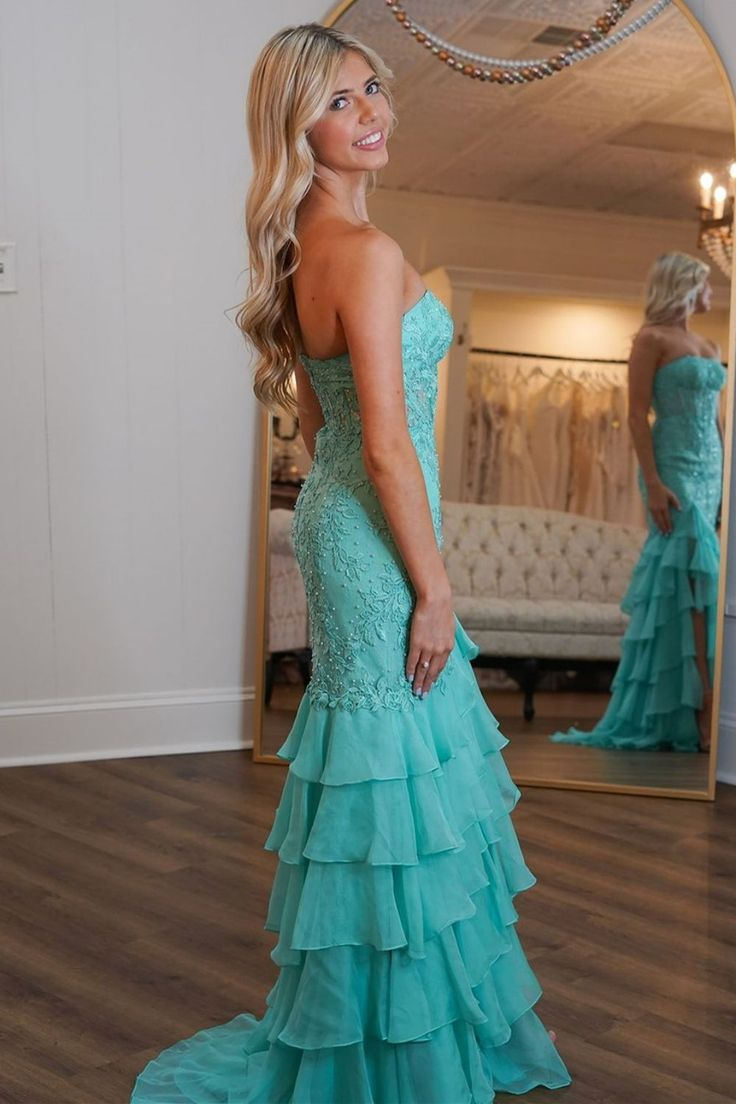 Mint Green Mermaid Strapless Newest Long Prom Dresses, Lace Top Tiered Party Dresses