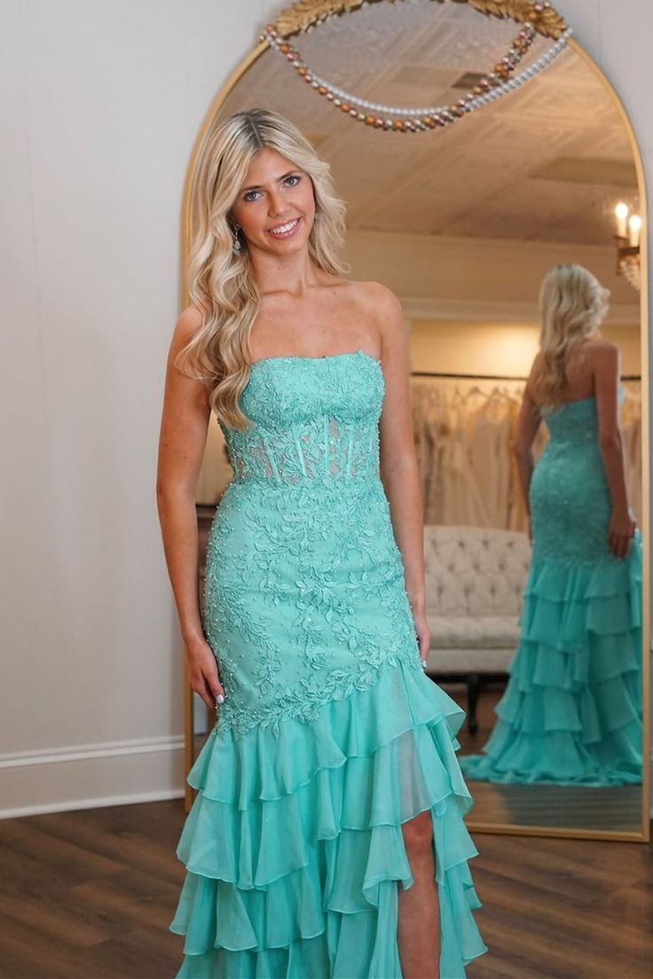 Mint Green Mermaid Strapless Newest Long Prom Dresses, Lace Top Tiered Party Dresses