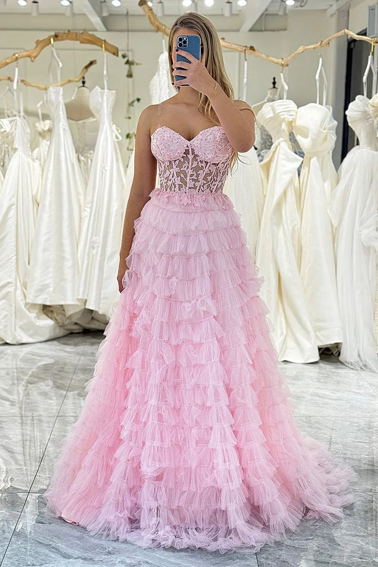 Pink Open Back Layered Prom Dresses, Sweetheart A-line Lace Newest Long Prom Dresses