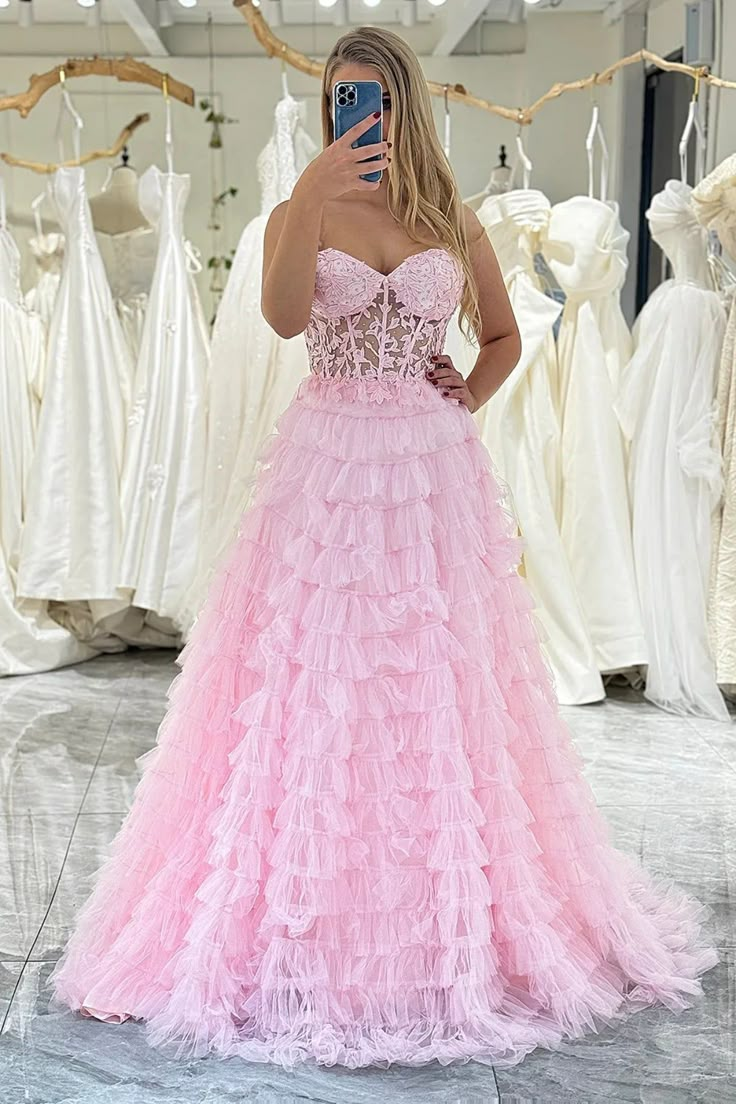 Pink Open Back Layered Prom Dresses, Sweetheart A-line Lace Newest Long Prom Dresses