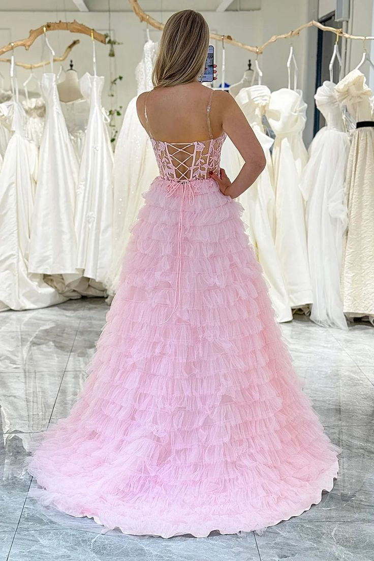 Pink Open Back Layered Prom Dresses, Sweetheart A-line Lace Newest Long Prom Dresses