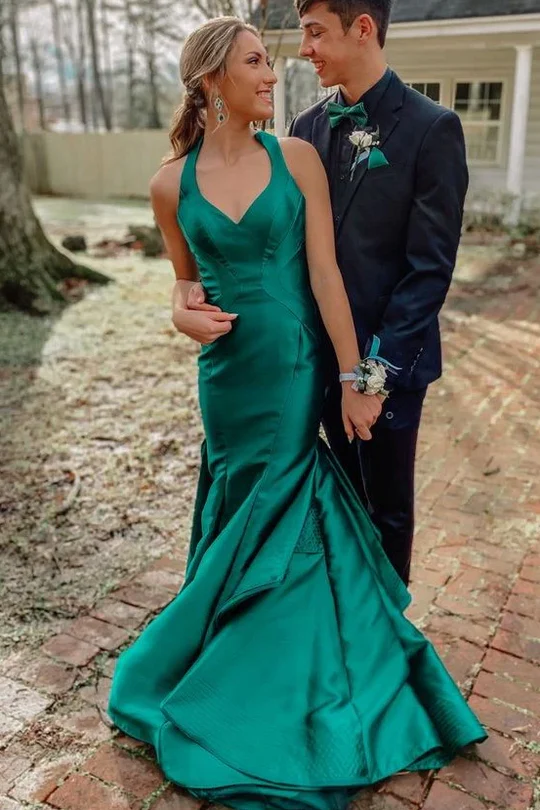 Halter V-neck Green Newest Long Prom Dresses, Satin Pleated Mermaid Bridesmaid Dresses