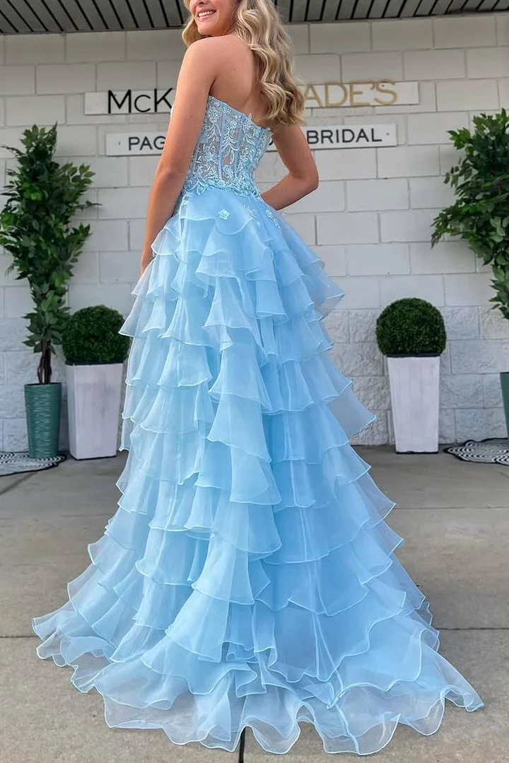 Stunning A-line Strapless Newest Long Prom Dresses, Sweetheart Ruffles Girl Party Dresses