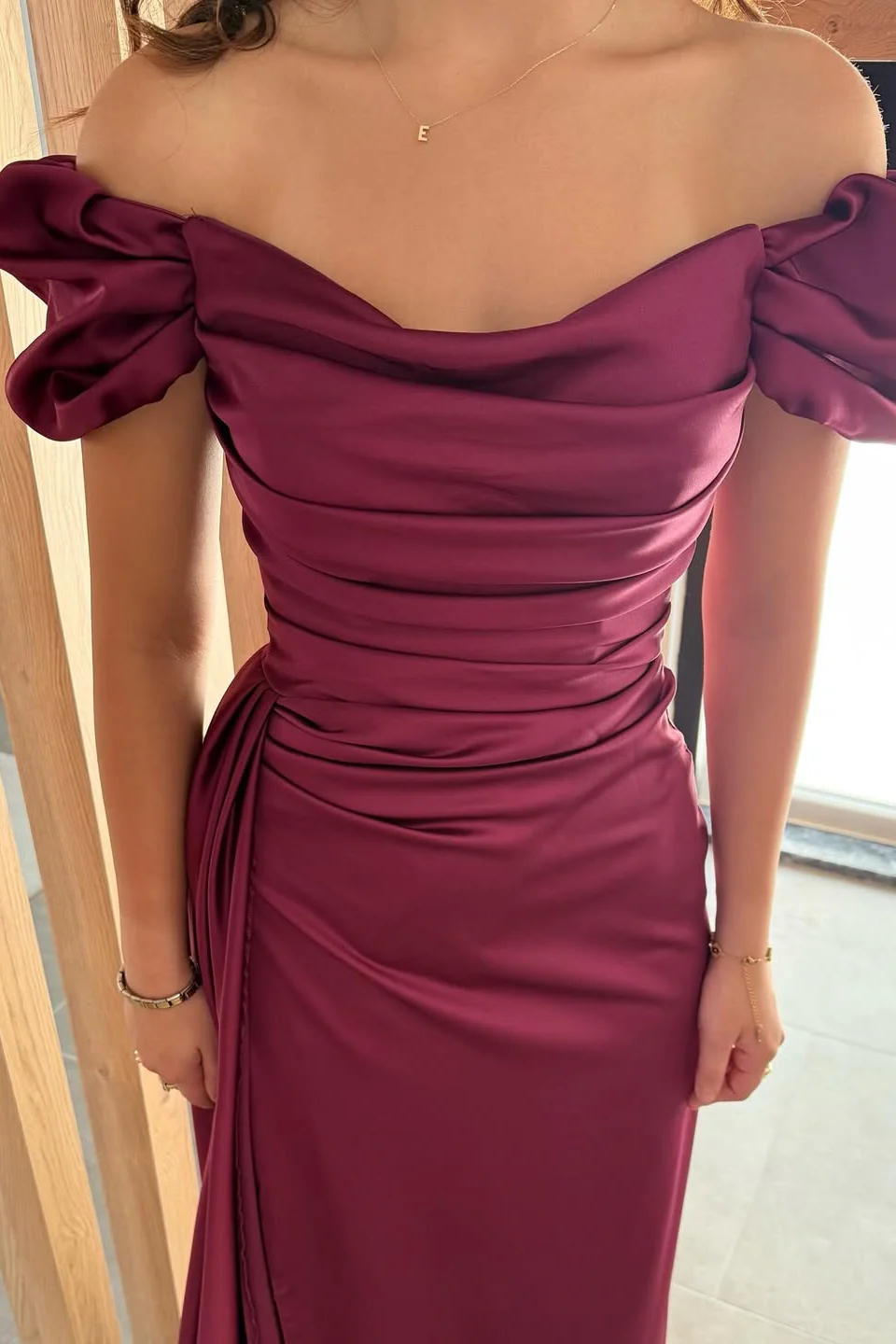 Gorgeous Sleeveless Satin Newest Prom Dresses, High Split Off Shoulder 2026 Long Prom Dresses