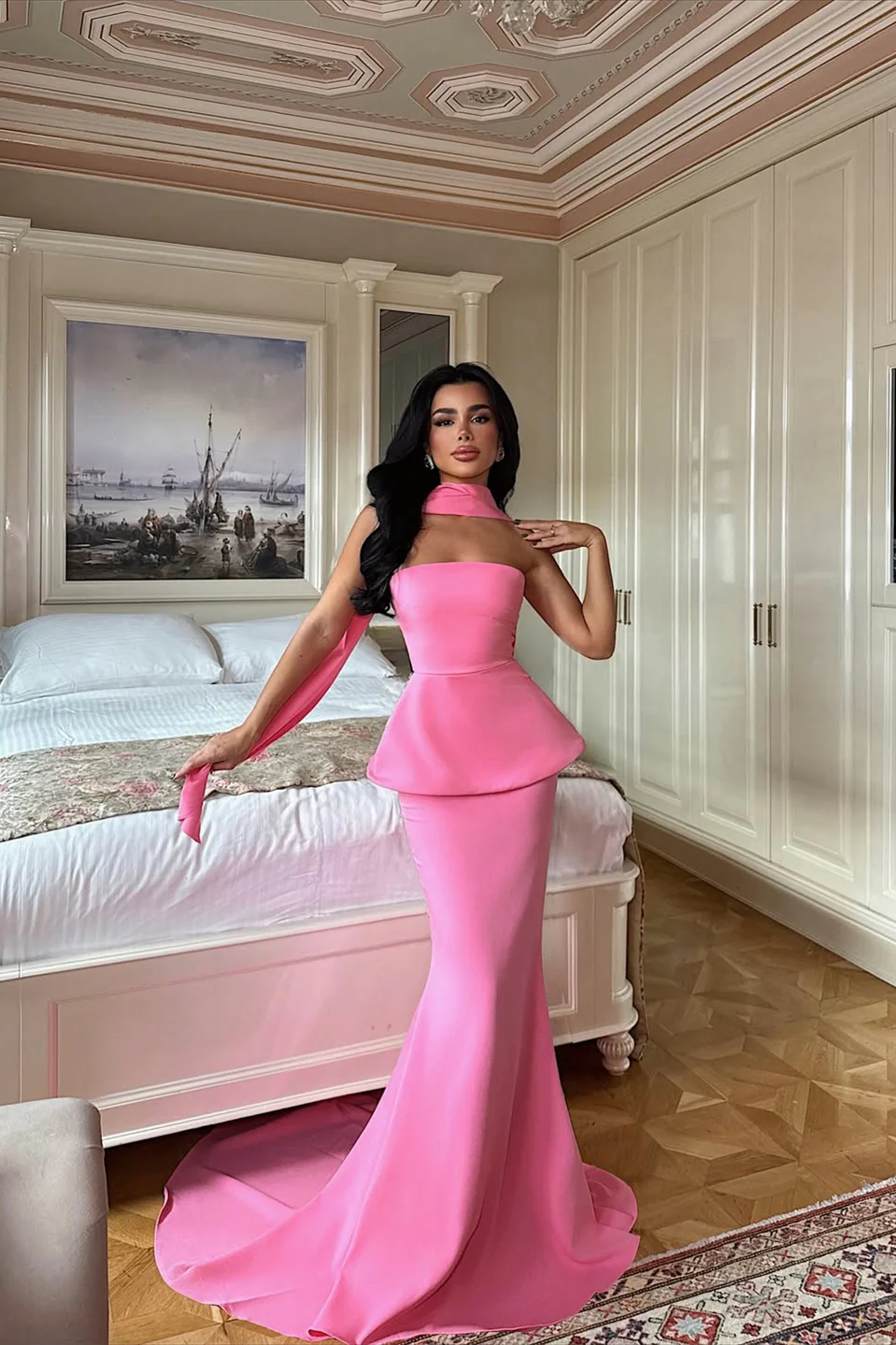 Pretty Flamingo Strapless Newest Long Prom Dresses, Two Pieces Satin Mermaid 2026 Prom Dresses