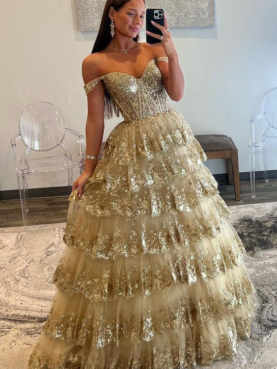 Off the shoulder Gold sequin lace Ruffled Prom Dresses, Princess Dresses, 2024 Prom Dresses
