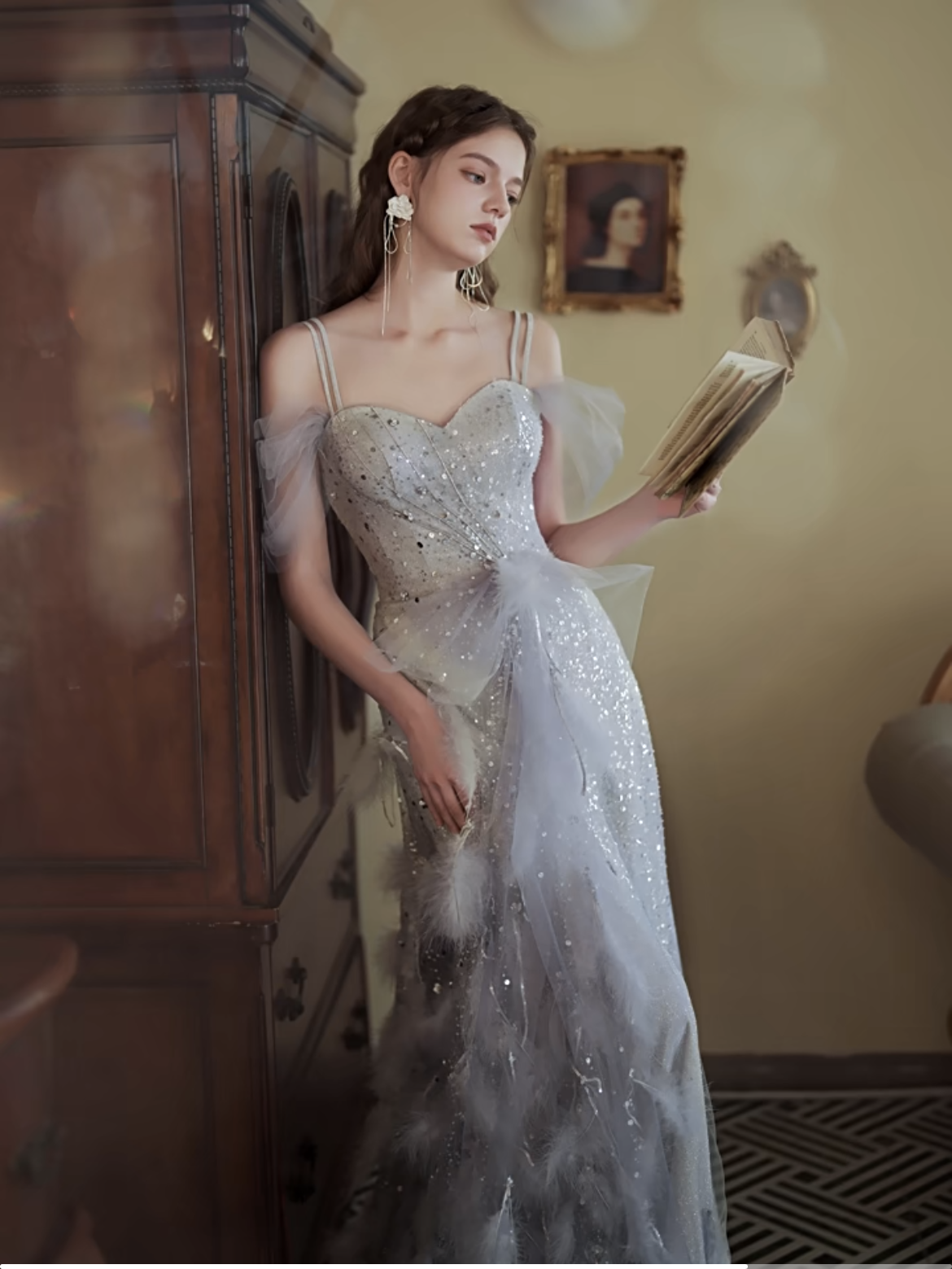 Elegant Feather Long Prom Dresses, Newest 2023 Long Prom Dresses, Couture Wedding Guest Dresses