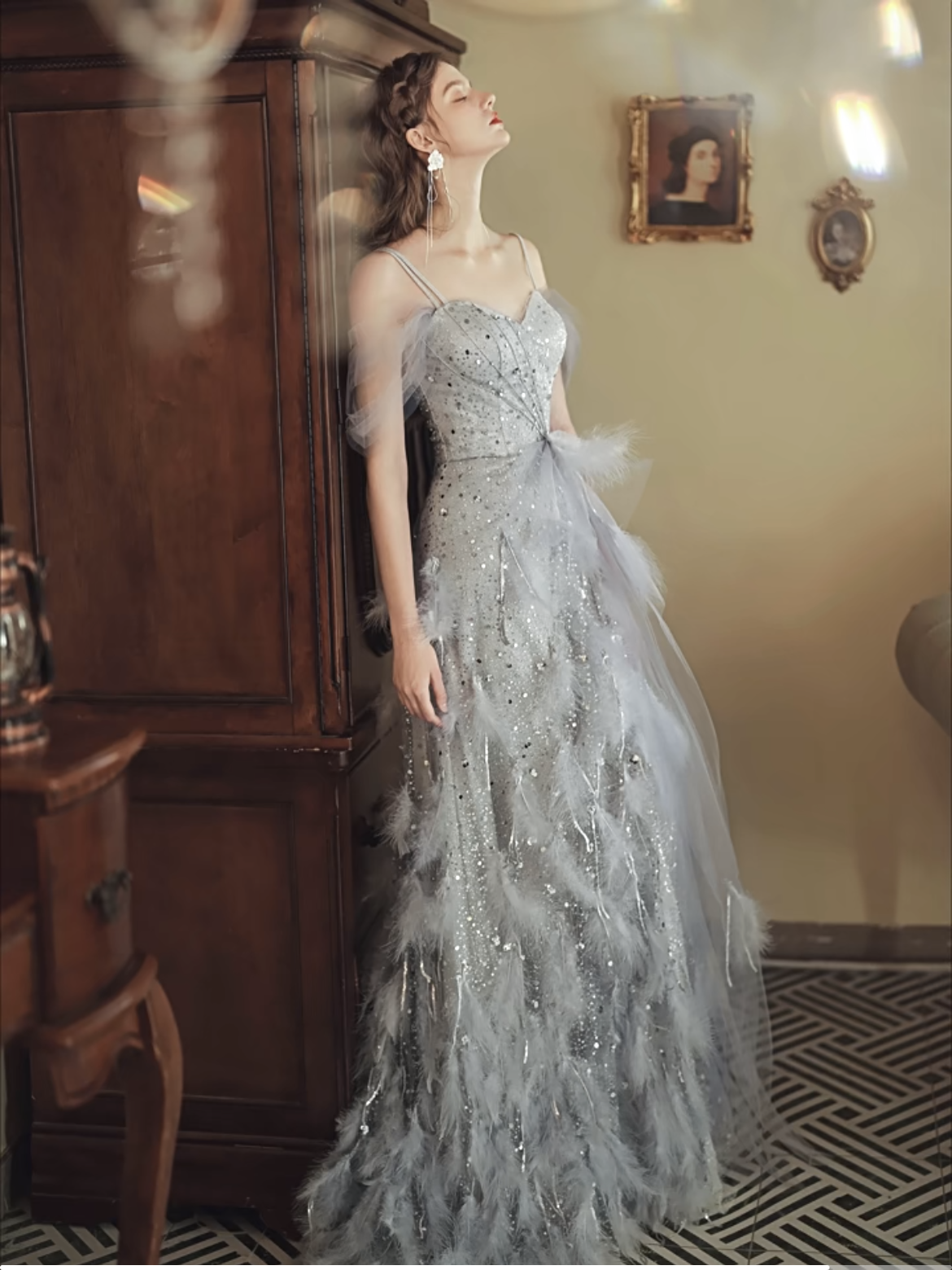 Elegant Feather Long Prom Dresses, Newest 2023 Long Prom Dresses, Couture Wedding Guest Dresses