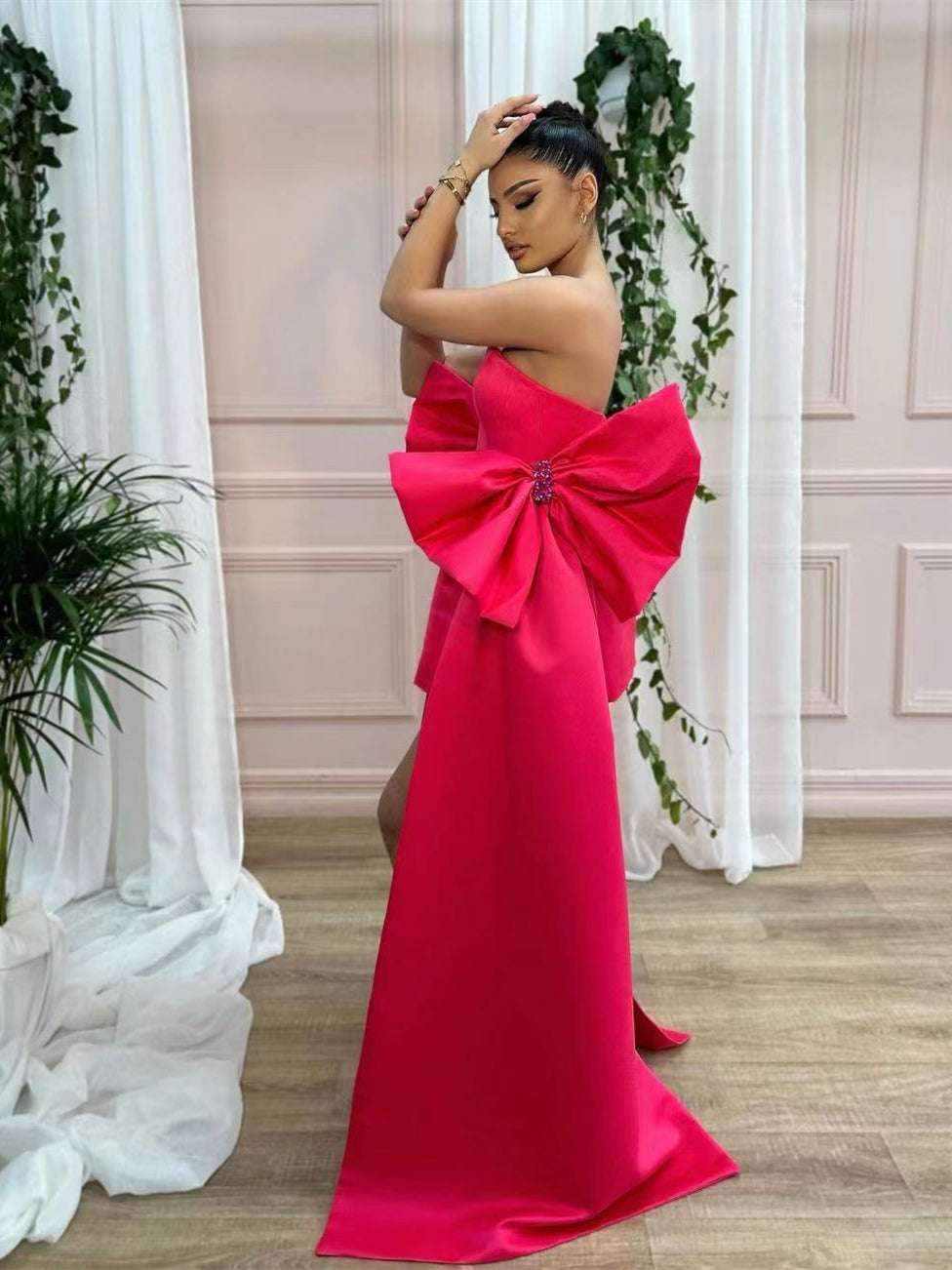 Cute Hot Pink Satin Prom Dresses With Detachable Bows, Popular Prom Dr – Berryera