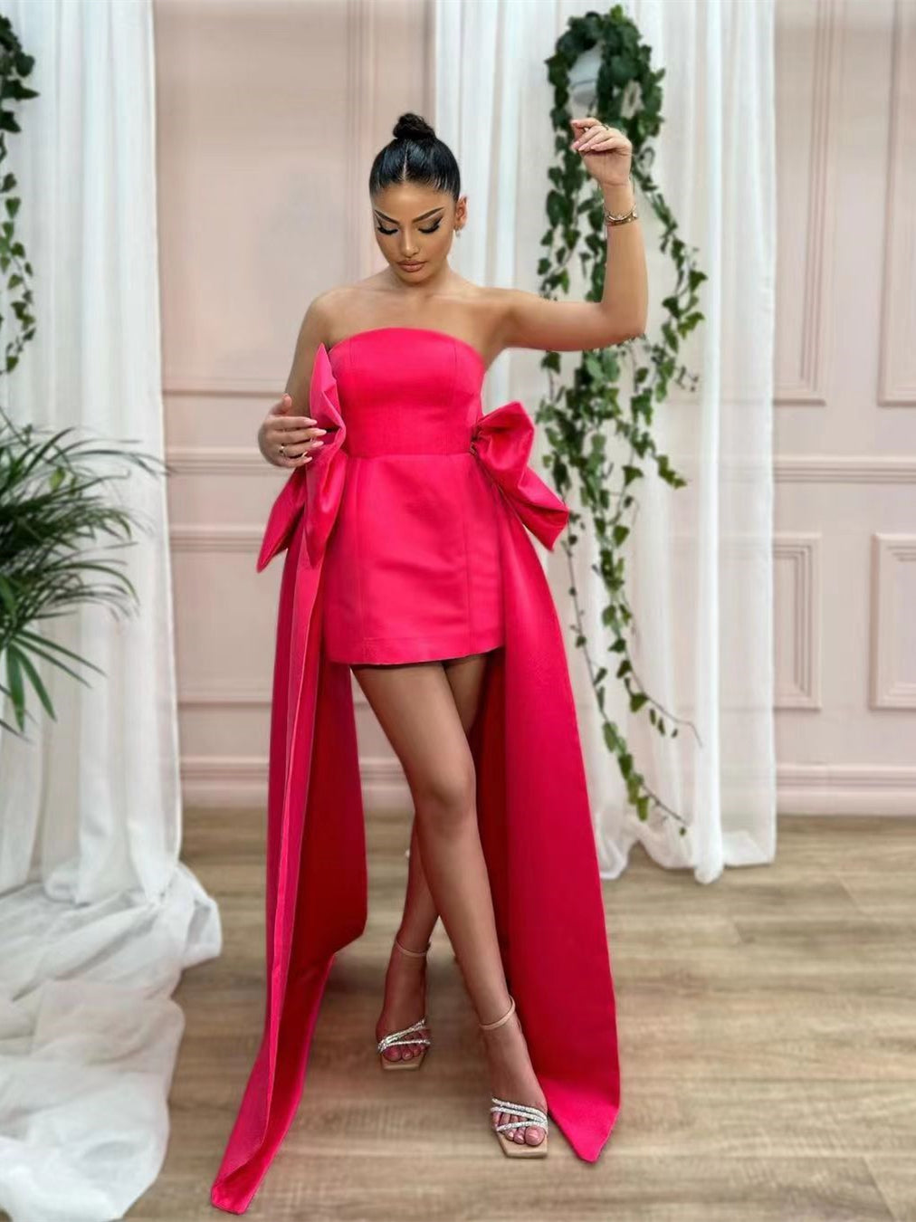 Cute Hot Pink Satin Prom Dresses With Detachable Bows, Popular Prom Dr Berryera Cute Hot Pink Satin Prom Dresses With Detachable Bows, Popular Prom Dr Berryera