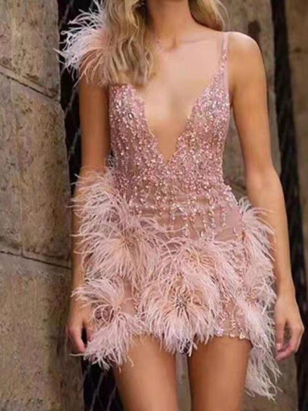 Deep V-neck Beaded Lace Prom Dresses, Short Prom Dresses With Feathers, Chic Mini Dresses, 2023 Homecoming Dresses