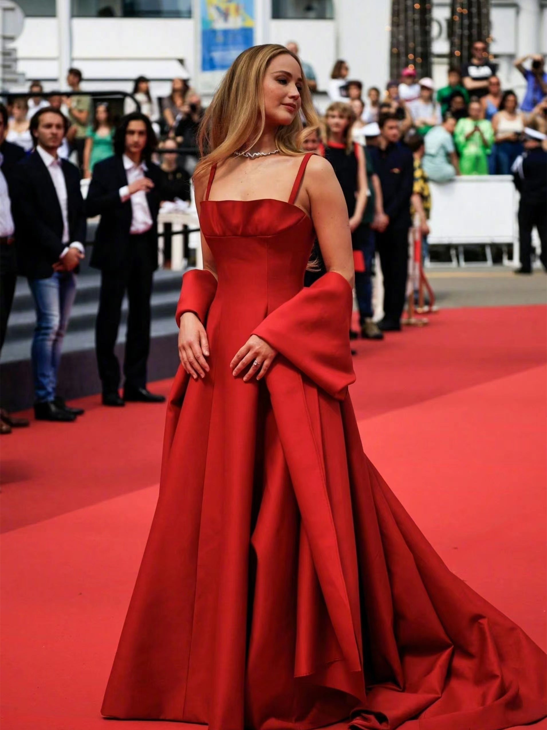 Jennifer Lawrence 2023 Cannes Red Carpet Prom Dresses, A-line Red Satin Prom Dresses, Celebrity Dresses, Newest Prom Dresses