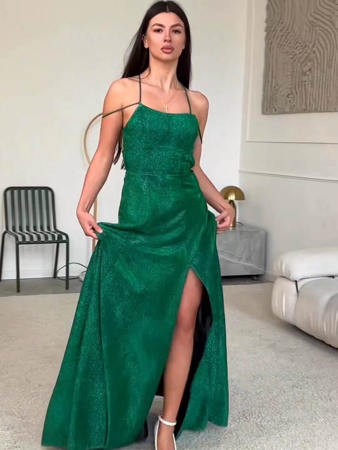 Shiny Emerald Green Prom Dresses, Side Slit Prom Dresses, Maxi Dresses, Newest Prom Dresses