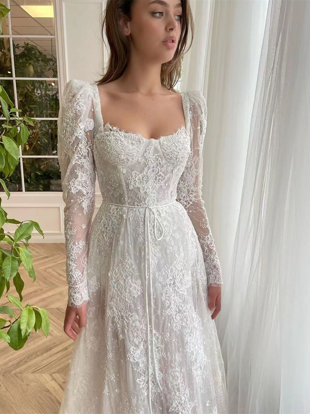 Square Neckline Lace Wedding Dresses, A-line Wedding Dresses, Popular 2023 Wedding Dresses, Bridal Gown