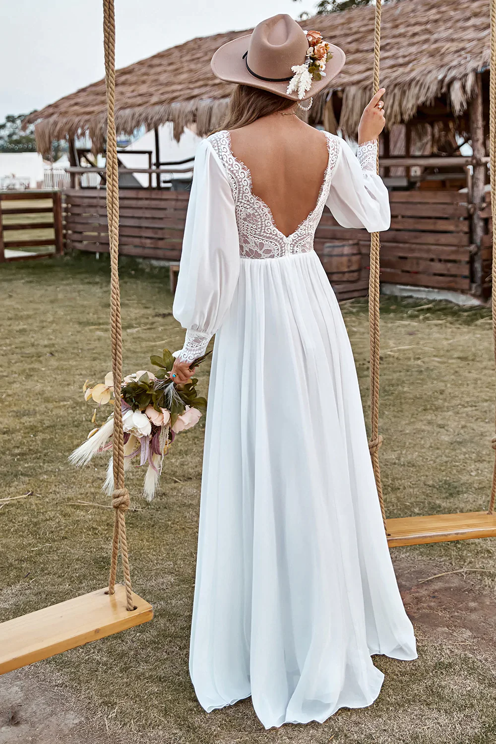 Long Sleeves Lace Wedding Dresses, Deep V-neck Bridal Gowns, Popular Outdoor Wedding Dresses