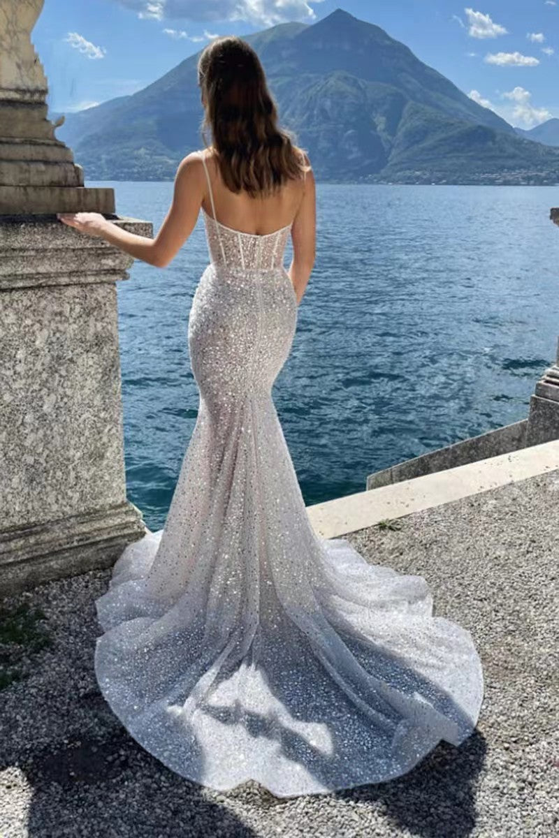 Spaghetti Straps Sequins Wedding Dresses, Popular Mermaid Bridal Gowns, Newest 2024 Long Prom Dresses