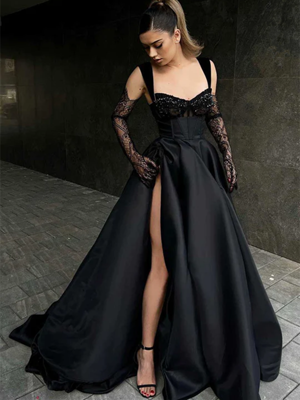 A-line Satin Long Prom Dresses, Beaded Lace Newest 2024 Long Prom Dresses, Black Wedding Dresses