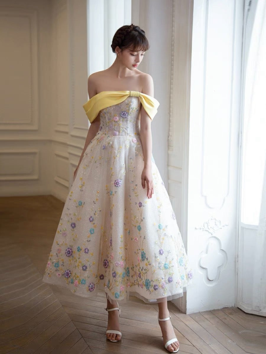 Tea Length Sequins Prom Dresses, Elegant Newest 2024 Long Prom Dresses, Beaded Floral Party Dresses