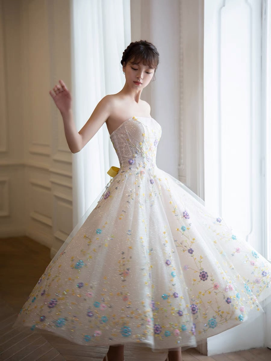 Tea Length Sequins Prom Dresses, Elegant Newest 2024 Long Prom Dresses, Beaded Floral Party Dresses