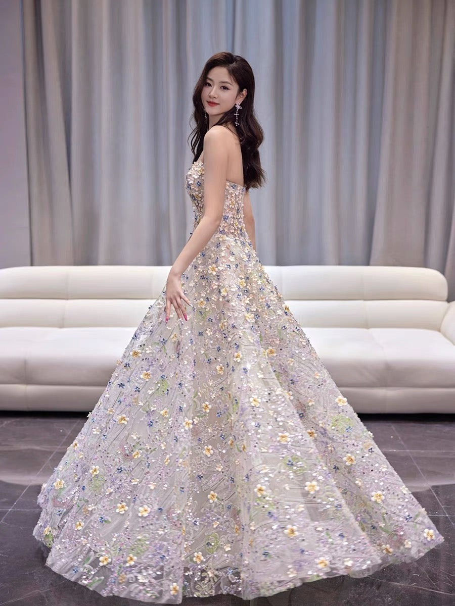 Appliques Beaded Long Prom Dresses, Luxury Floral Wedding Dresses,A-line Newest 2024 Long Prom Dresses