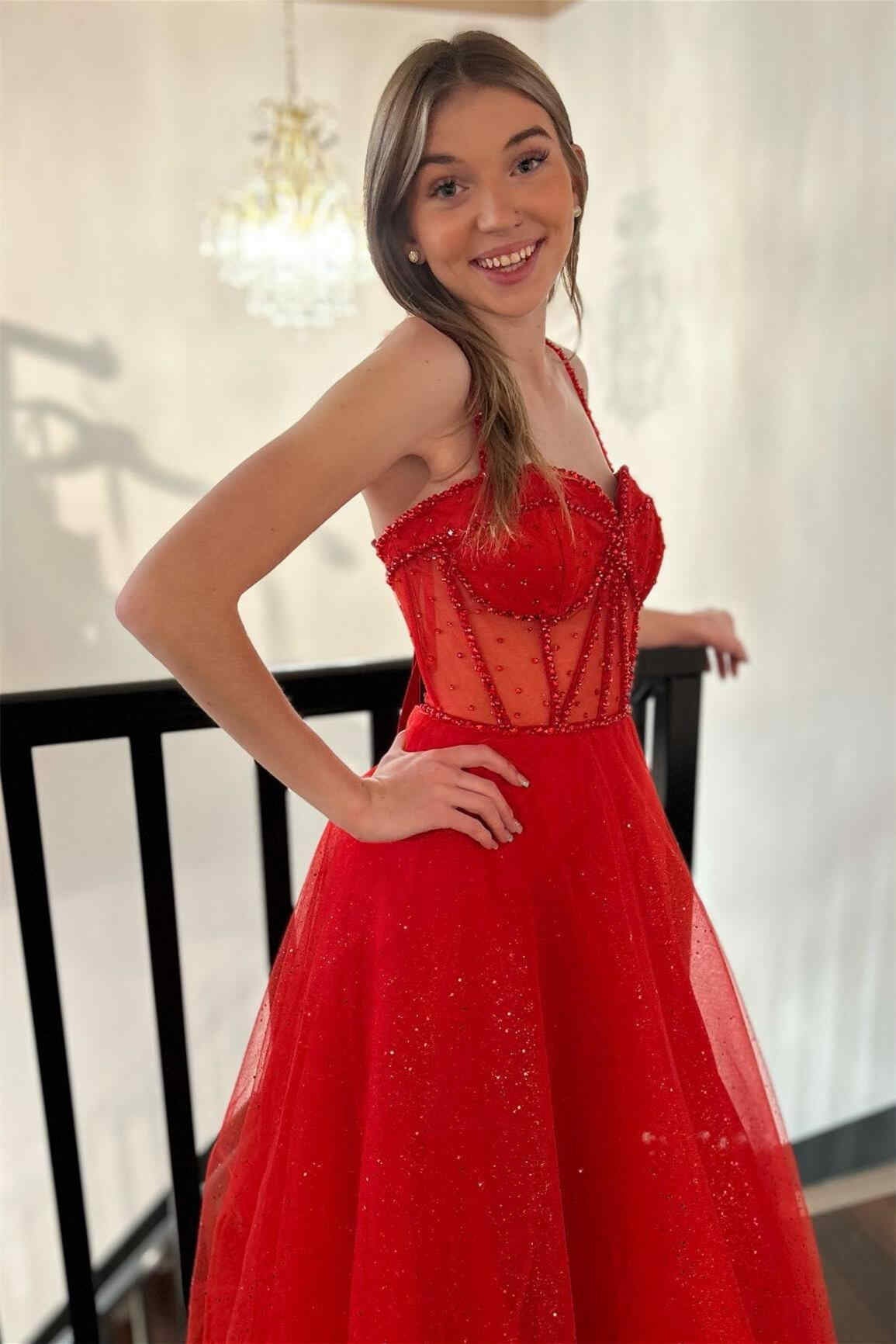 Spaghetti Straps Tulle Prom Dresses, A-line Red Color Wedding Guest Dresses, Newest 2024 Long Prom Dresses