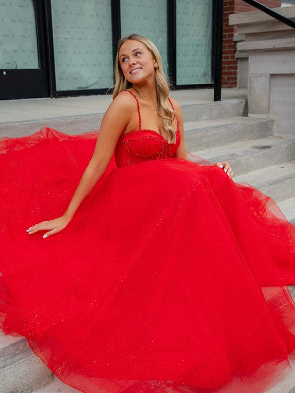 Spaghetti Straps Tulle Prom Dresses, A-line Red Color Wedding Guest Dresses, Newest 2024 Long Prom Dresses
