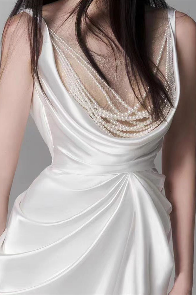 Gorgeous Pearls Neckline Long Prom Dresses, Sheath High Slit Prom Dresses, Chic Wedding Gown, Newest Prom Dresses