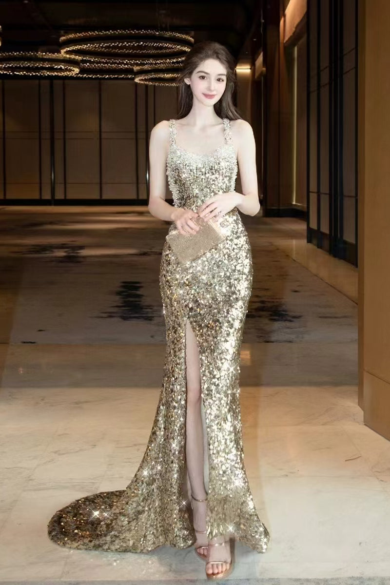 Straps Gold Sequin Beaded Prom Dresses, High Slit Prom Dresses, Newest Berryera Straps Gold Sequin Beaded Prom Dresses, High Slit Prom Dresses, Newest Berryera