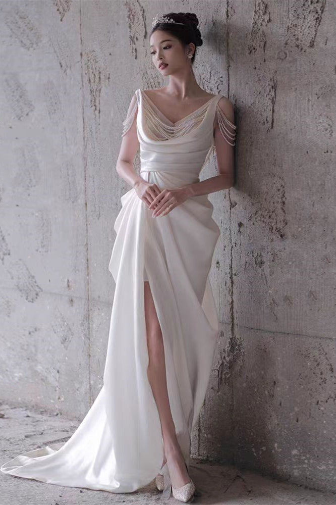 Elegant Satin Wedding Gown With Pearls, Front Slit Wedding Dresses, Bridal Gown, Long Wedding Dresses