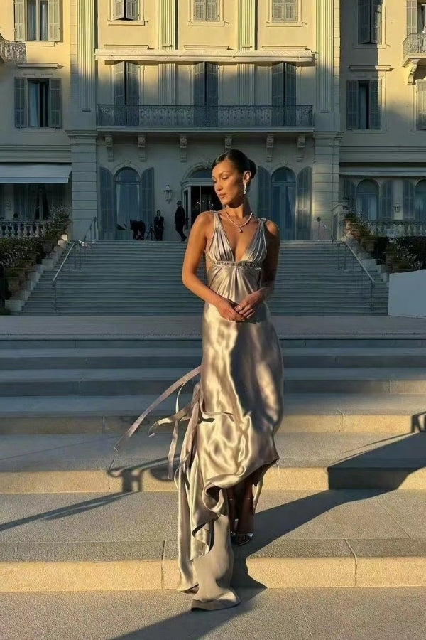 Bella Hadid Deep V-neck Silver Satin Gown, Simple Sexy Evening Dresses Berryera Bella Hadid Deep V-neck Silver Satin Gown, Simple Sexy Evening Dresses Berryera