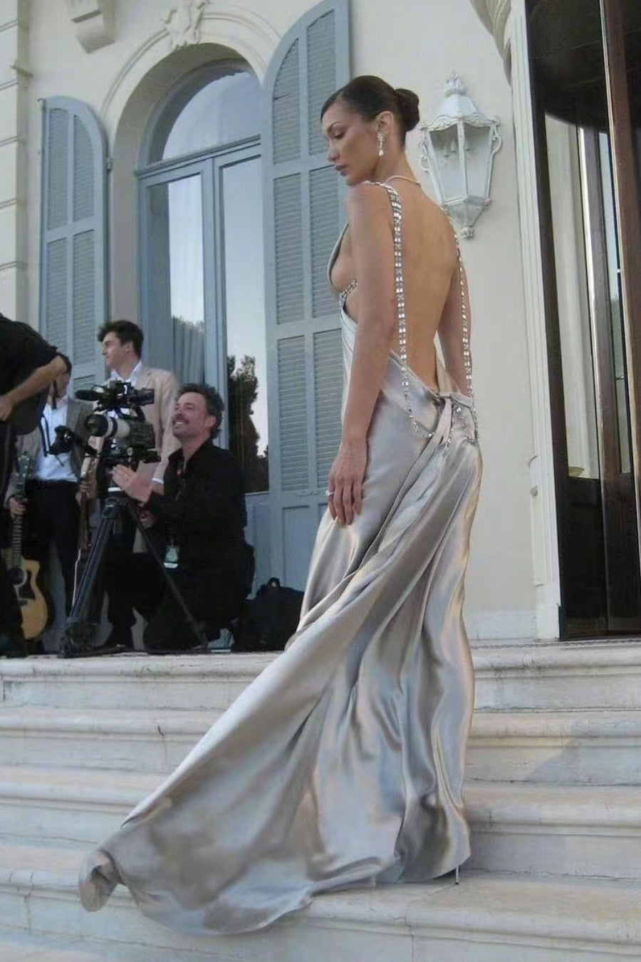Bella Hadid Deep V-neck Silver Satin Gown, Simple Sexy Evening Dresses, Party Dresses, Newest Prom Dresses