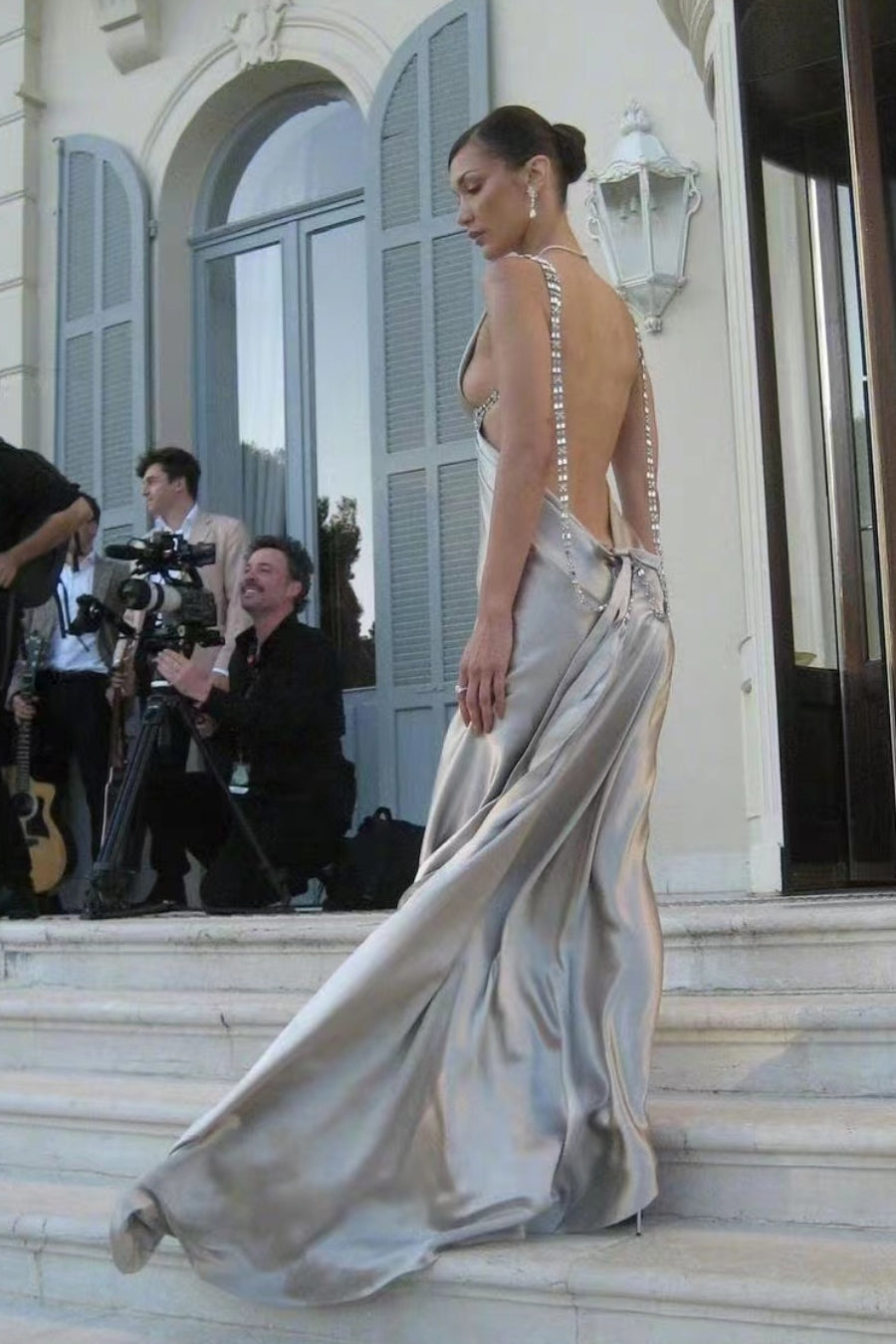 Bella Hadid Deep V-neck Silver Satin Gown, Simple Sexy Evening Dresses Berryera Bella Hadid Deep V-neck Silver Satin Gown, Simple Sexy Evening Dresses Berryera