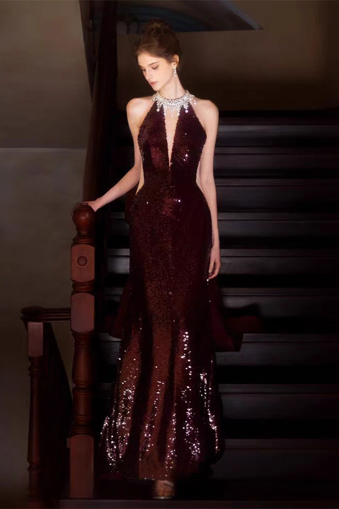 Halter Marron Sequin Mermaid Prom Dresses, Long Prom Dresses, Newest Prom Dresses