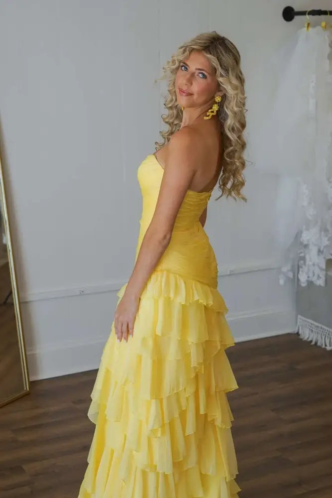 Sweetheart Newest Long Prom Dresses, Yellow Bridesmaid Dresses, Girl Graduation Party Prom Dresses