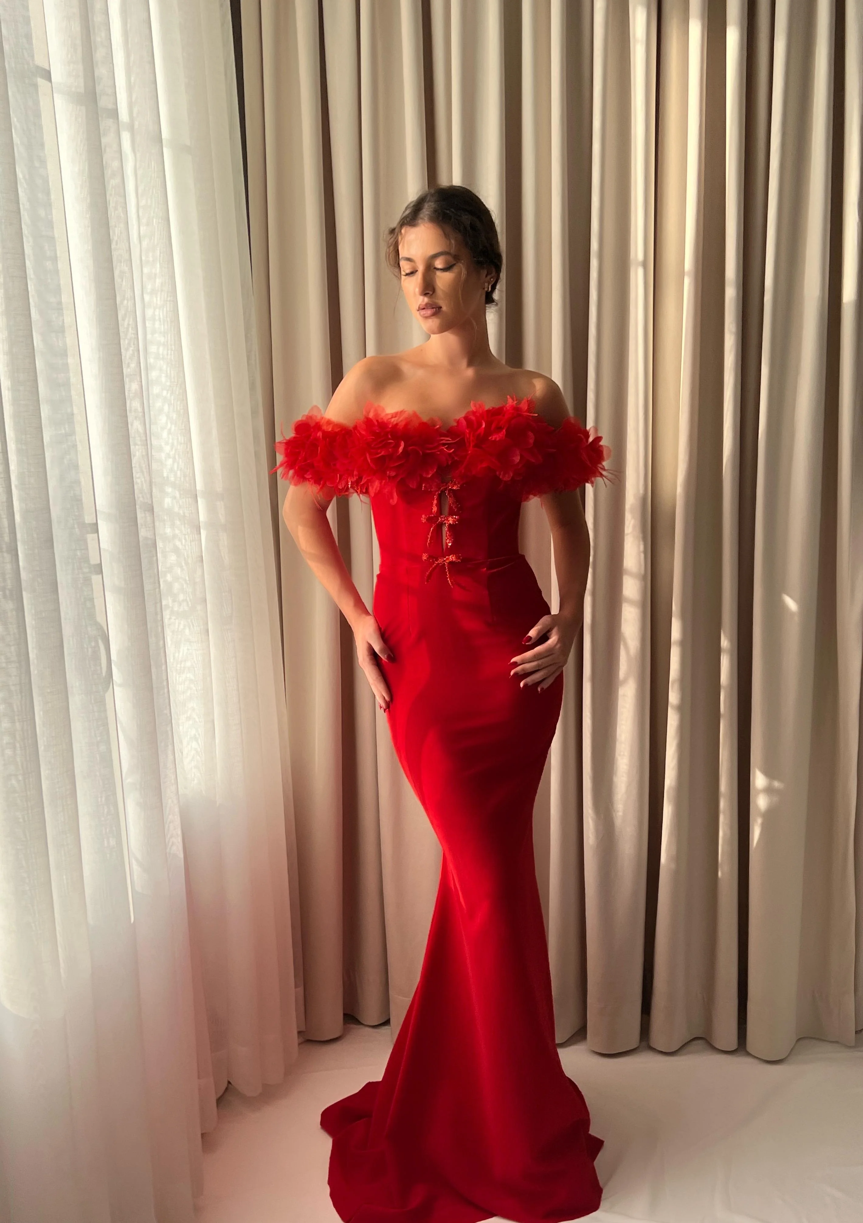 Off the Shoulder Red Mermaid Prom Dresses With Floral Neckline, Popular Long Prom Dresses, Newest 2025 Prom Dresses