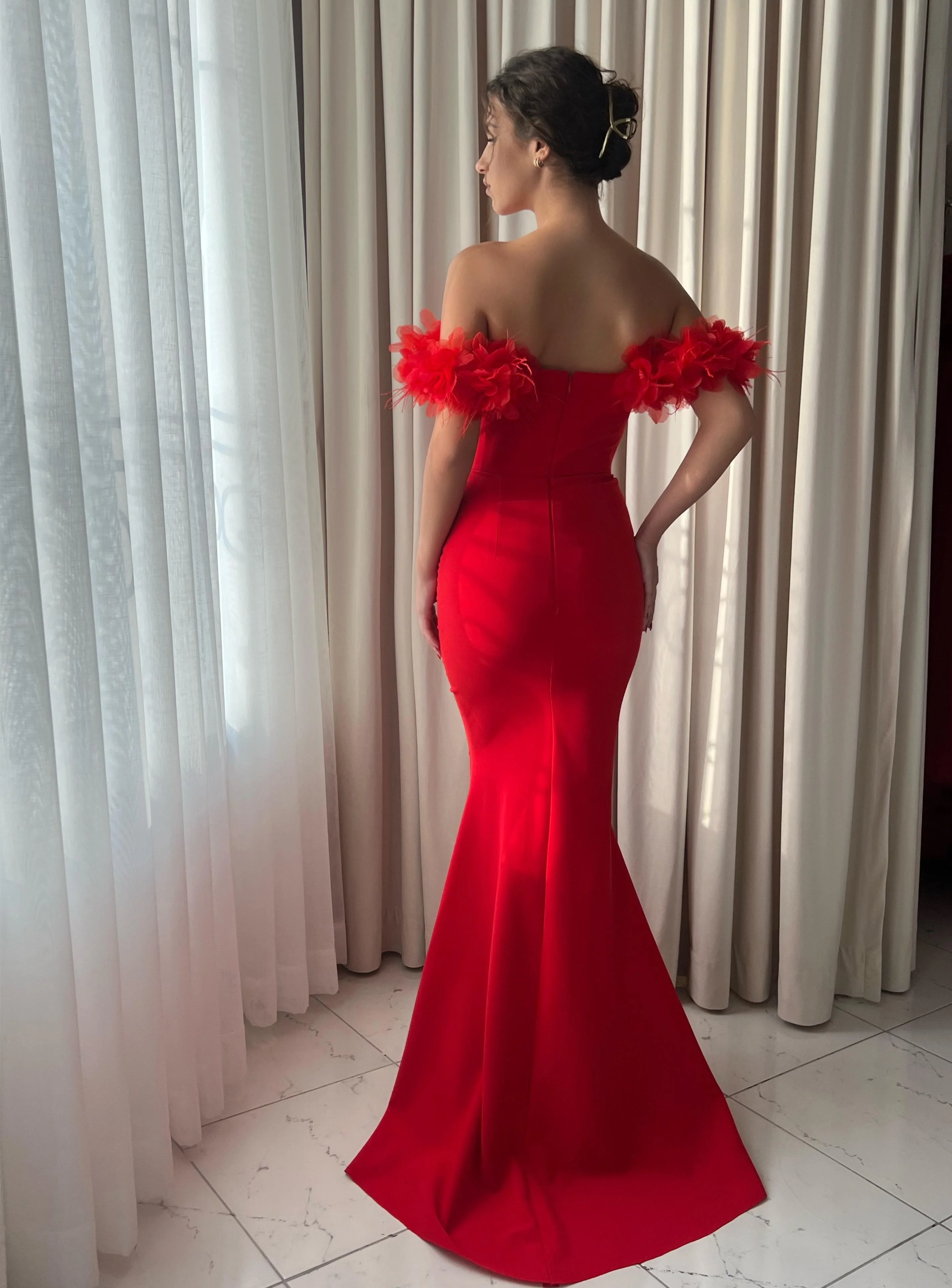 Off the Shoulder Red Mermaid Prom Dresses With Floral Neckline, Popular Long Prom Dresses, Newest 2025 Prom Dresses