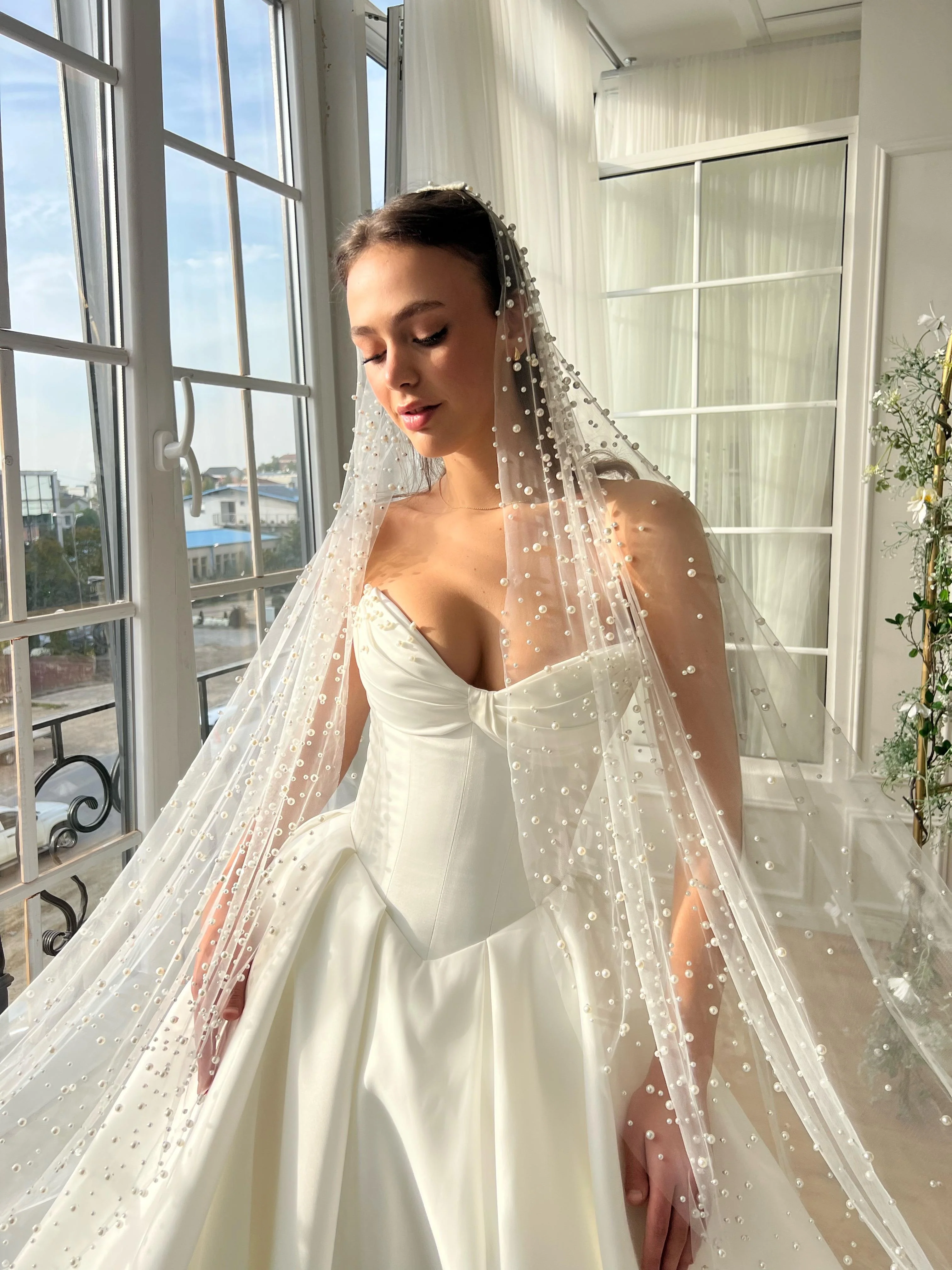 Gorgeous Ivory Satin A-line Wedding Dresses With Pearls Veil, Corset Wedding Dresses, Popular Bridal Gown