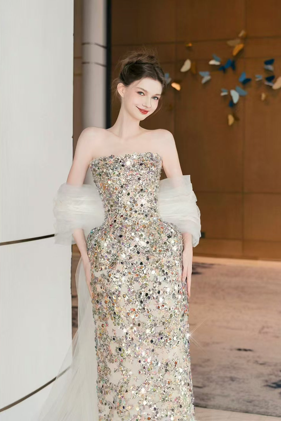 Strapless Long Sheath Colorful Rhinestone Prom Dresses, Luxury Prom Dresses, Newest Prom Dresses