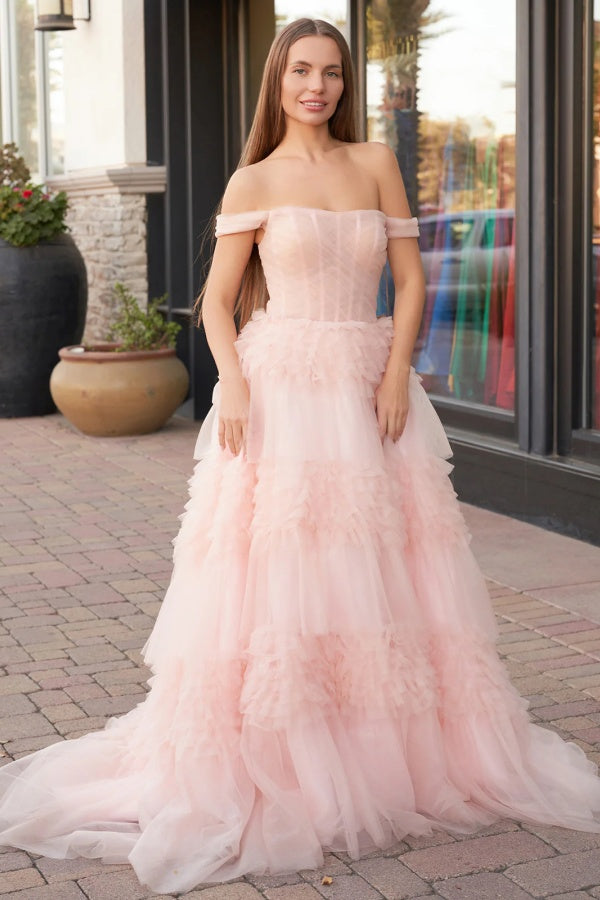 Off The Shoulder Elegant Wedding Dresses, A-line Tulle Newest Long Prom Dresses, Evening Party Dresses