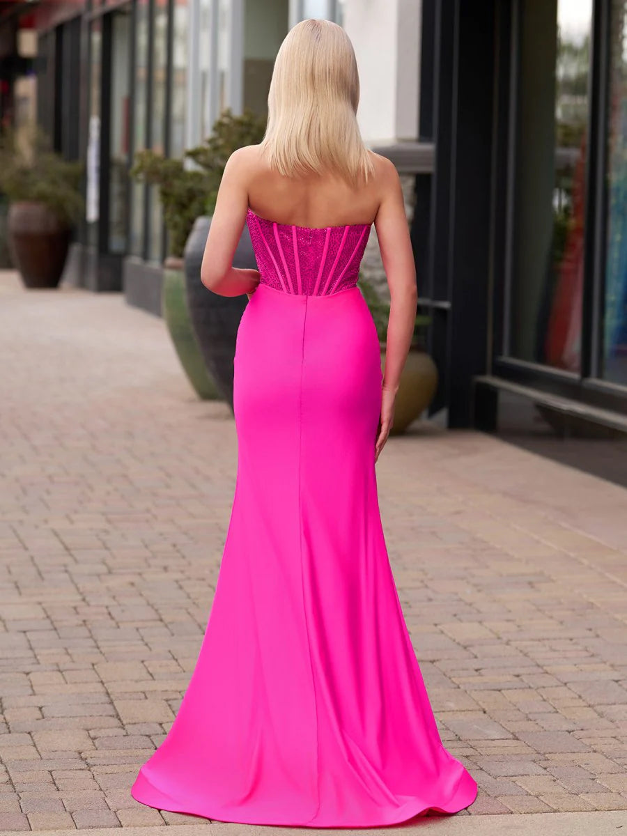 Strapless Evening Party Newest Long Prom Dresses, Side Slit Beaded Wedding Guest Dresses