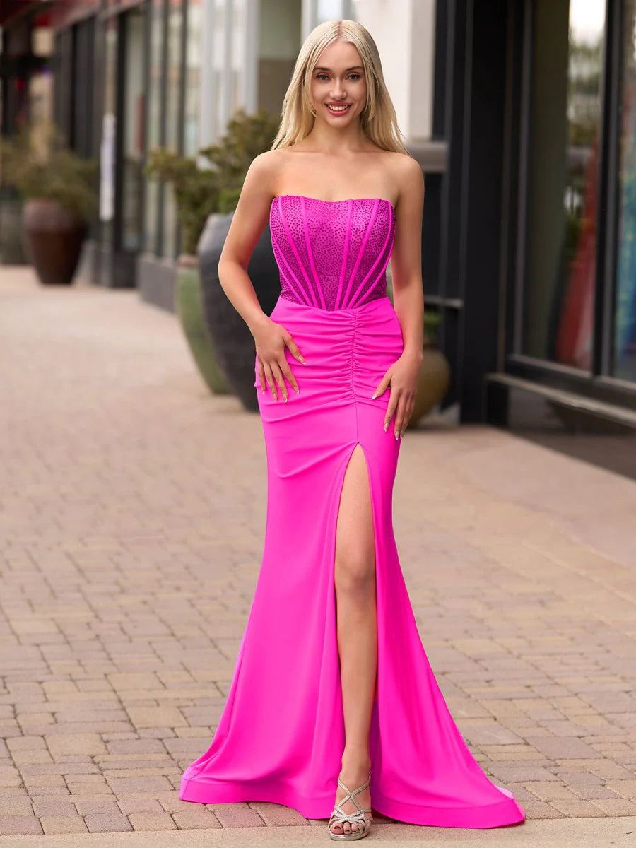 Strapless Evening Party Newest Long Prom Dresses, Side Slit Beaded Wedding Guest Dresses