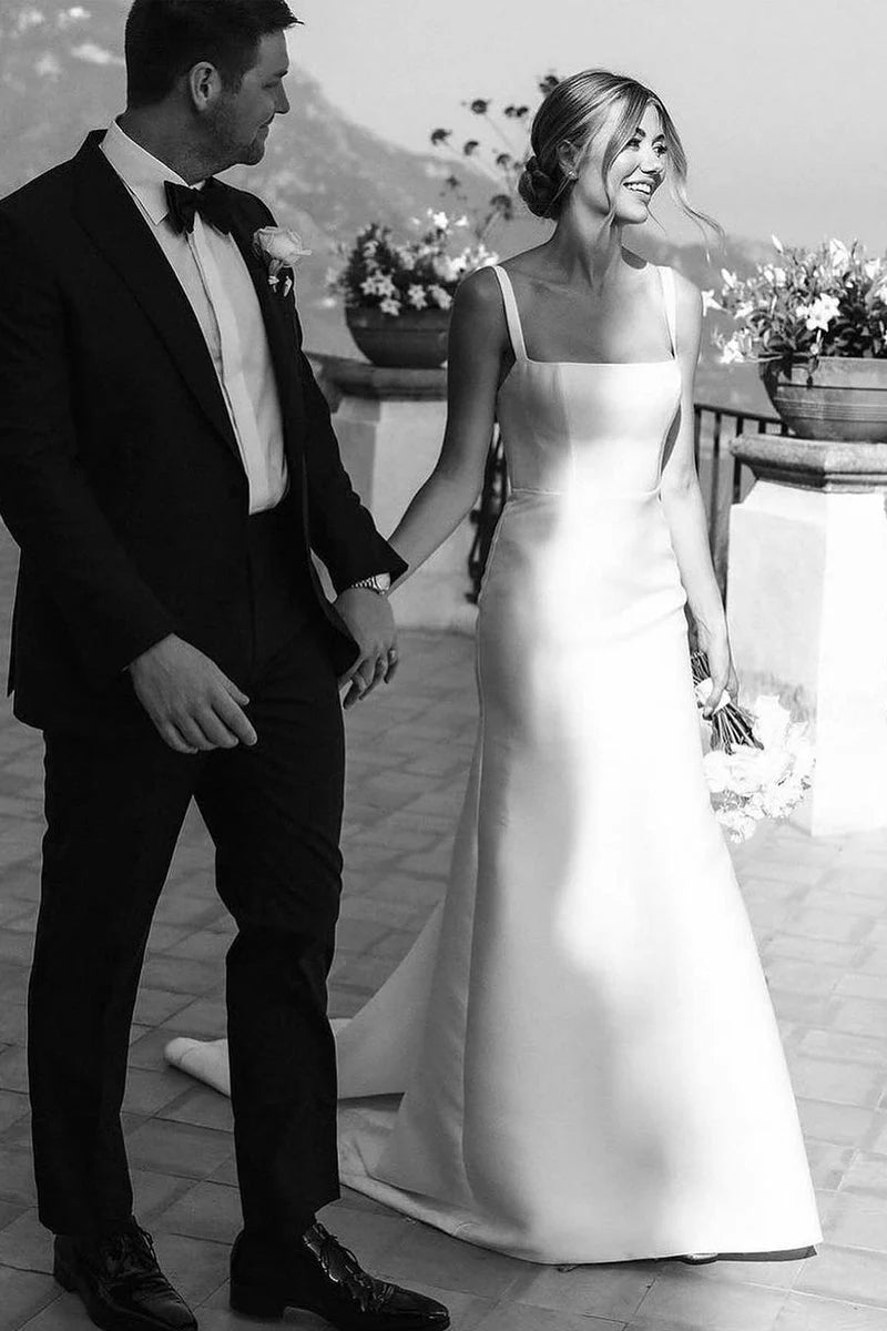 Round Neck Simple Wedding Dresses, Straps 2025 Bridal Gowns, Newest Satin Wedding Gowns